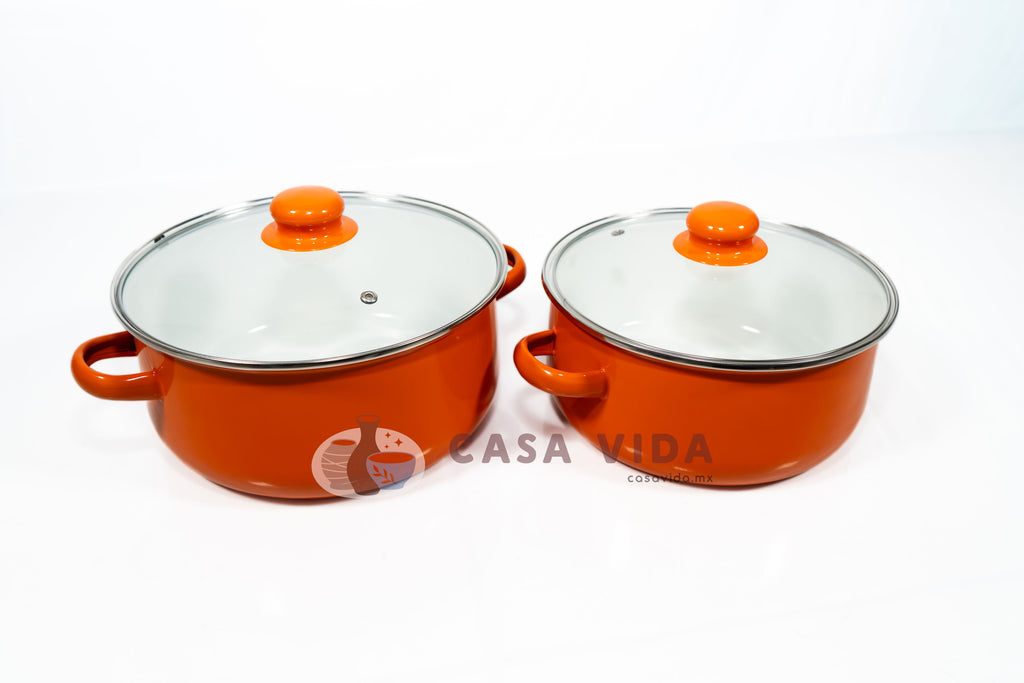 Set de 2 Ollas con Tapas de Cristal – Acero Porcelanizado Resistente y Elegante