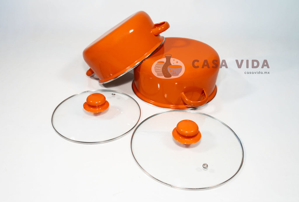 Set de 2 Ollas con Tapas de Cristal – Acero Porcelanizado Resistente y Elegante